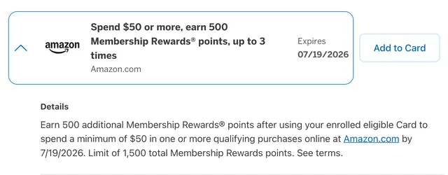 Amazon Amex Offer terms screen showing $50→500 MR variant with Add to Card button