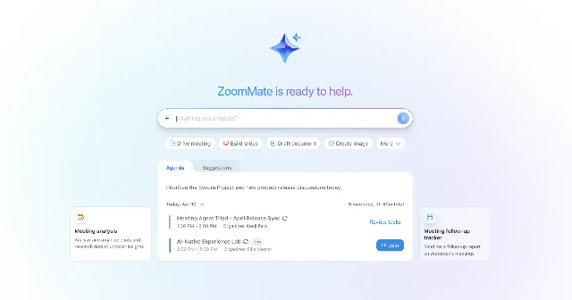 ZoomMate 的官方界面示意图展示会议、议程和后续跟进卡片
