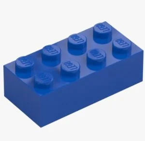 蓝色 2x4 LEGO 基础砖,凸点上的 LEGO 标志清晰可见