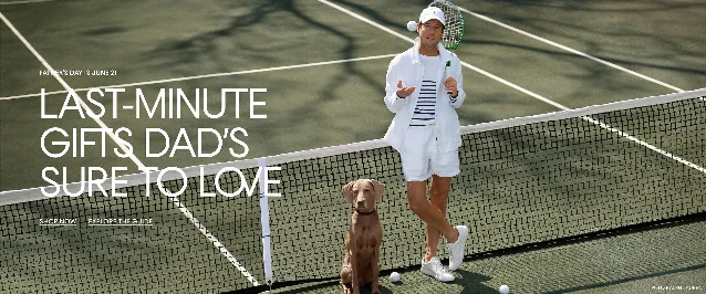 Bloomingdale's Father's Day banner featuring a man in white tennis attire with a Weimaraner on a court, Polo Ralph Lauren campaign — "Last minute gifts dad is sure to love"