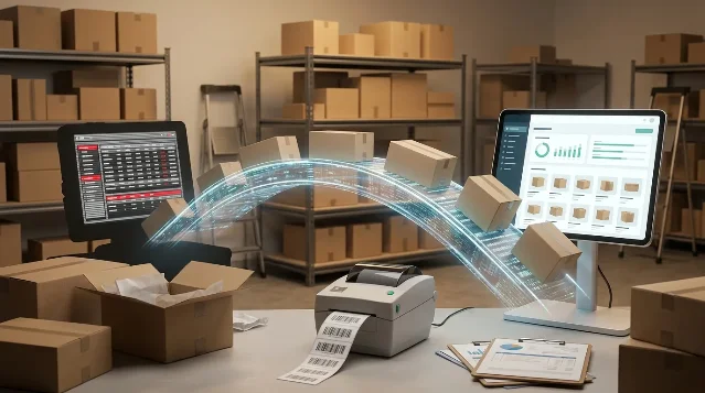 Retail stockroom with inventory boxes moving from an old system into a new dashboard, with barcode labels printing
