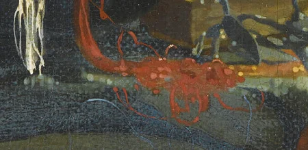 Detail of the foreground naaikussen: the red and white threads spill from the cushion in near-abstract blobs of paint that are unidentifiable out of context — Vermeer's most discussed brushwork passage