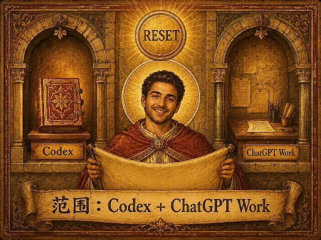 拜占庭圣像画风的重置使者在 Codex 与 ChatGPT Work 两个拱门之间展开卷轴