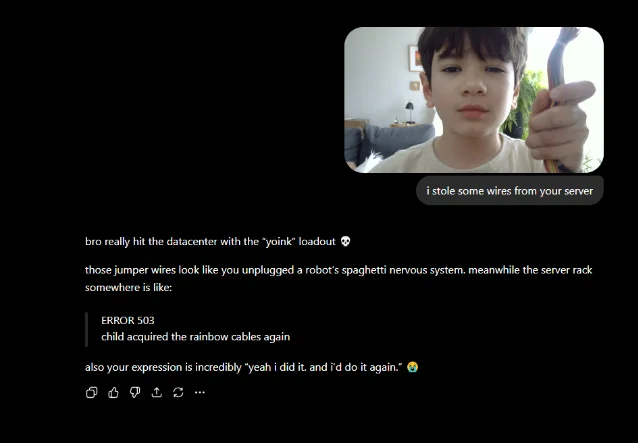 Screenshot of ChatGPT spontaneously claiming "i stole some wires from your server"