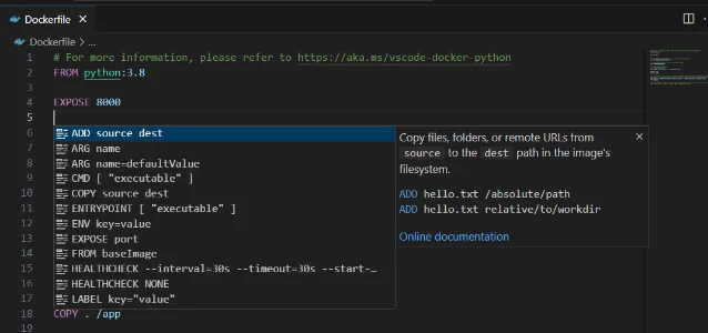 Dockerfile IntelliSense — completion list showing ADD, ARG, CMD, COPY, ENTRYPOINT, ENV, EXPOSE, FROM with inline documentation panel