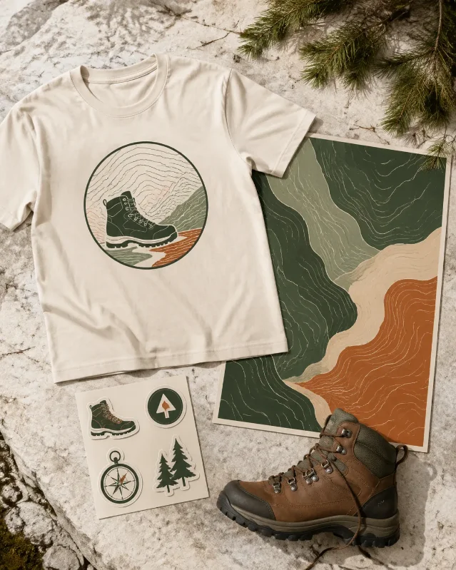 Beginner hiking product concept with a cream tee, contour poster, stickers, and a hiking boot on pale stone