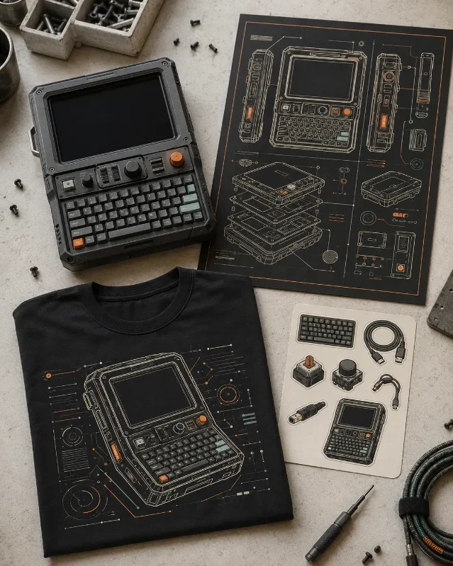 Cyberdeck DIY product concept with a generic handheld computer, black tee, technical poster, and stickers on a workshop surface