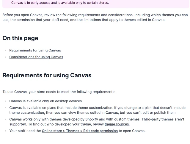The Requirements and considerations page, showing the four requirements and the start of the considerations list: no theme updates, no theme file downloads