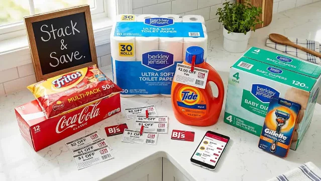 BJ's Stack &amp; Save — coupon stacking scene with Tide, Fritos, Berkley Jensen toilet paper, and BJ's digital coupon slips