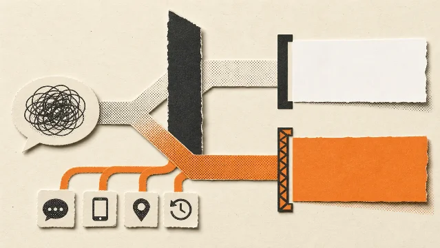 A conceptual paper diagram shows a chat prompt splitting into separate answer and ad lanes