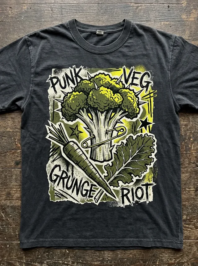 AI-generated concept: Punk Veggie Grunge tee — broccoli punk icon with safety pin and crossed carrot bones, olive and black palette on washed black tee