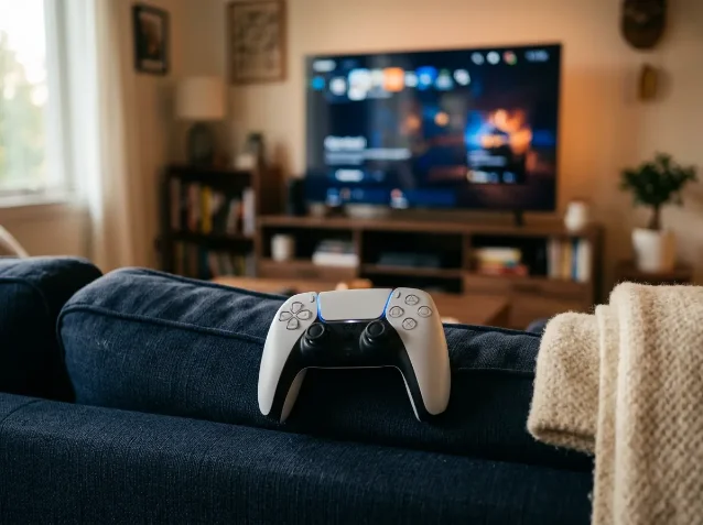 PlayStation controller on a couch with a game menu on the TV behind