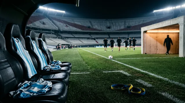 Empty Argentina bench under stadium lights