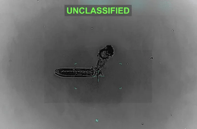 CENTCOM unclassified thermal image of M/T Settebello after precision strike, June 9, 2026