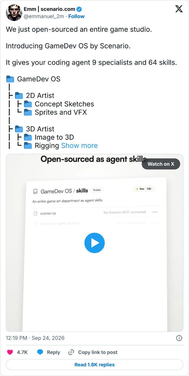 Emm 介绍 GameDev OS 的 X 帖子截图