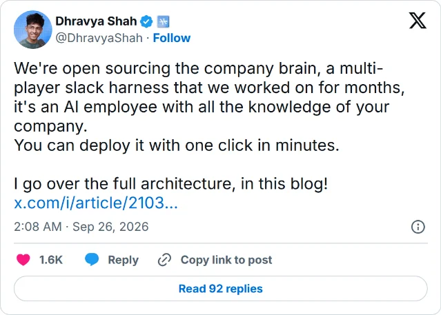 Dhravya Shah 宣布开源 company brain 的 X 帖子截图