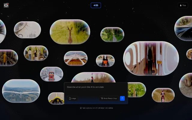 The opening screen of Odyssey's free preview, a field of generated scene thumbnails above a prompt box reading "Describe what you'd like AI to simulate"