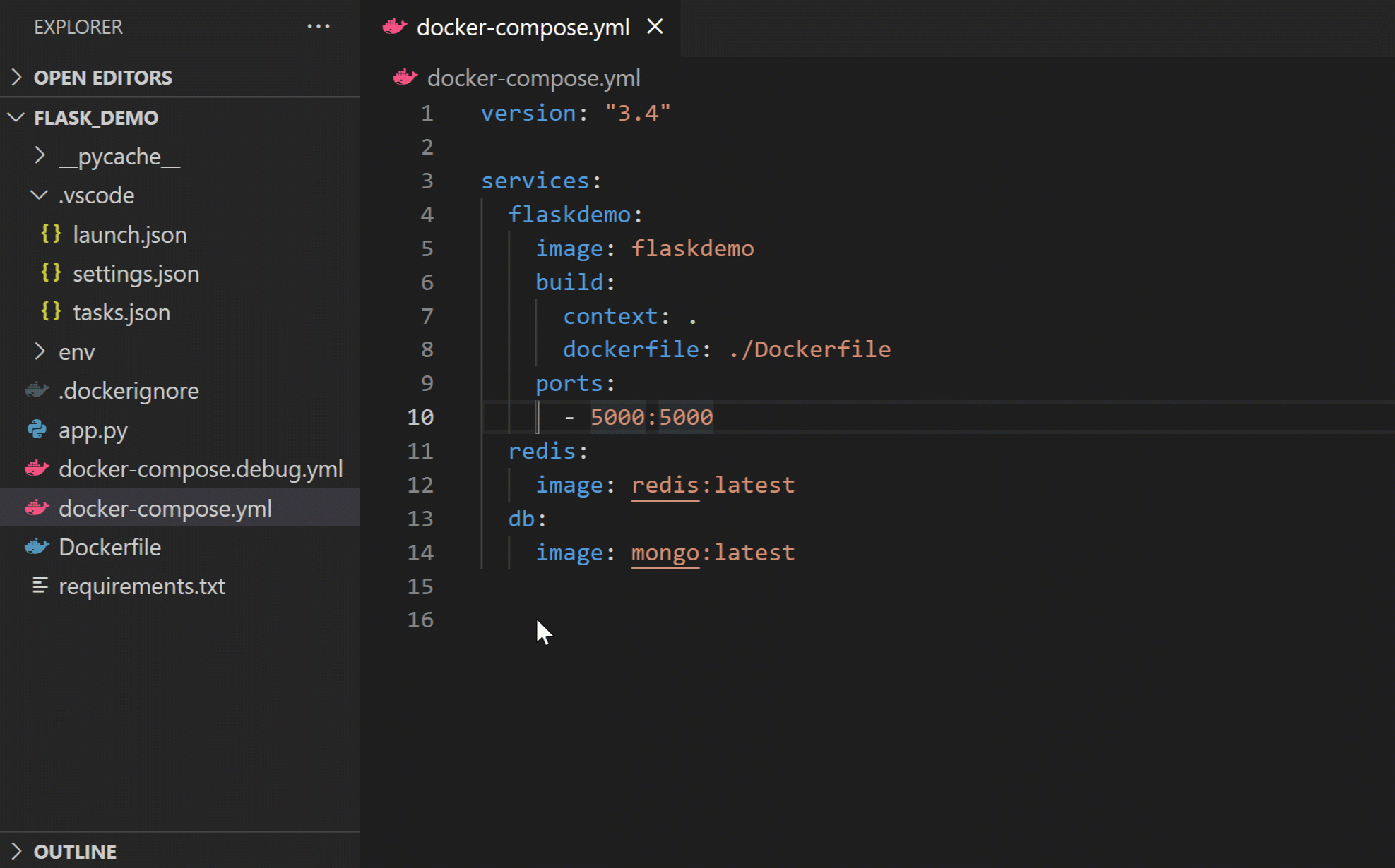 Compose Up - Select Services in action — checkbox picker showing web, api, and db services with web and api checked