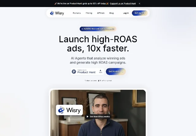 Wisry 官网首页,展示其电商 AI 广告代理定位、高 ROAS 标语与产品演示