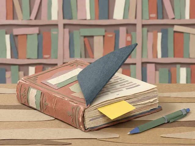 A sticky note tucked inside a worn book