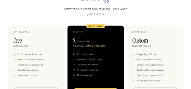Ariso 定价页的三个档位:Free 最长 6 个月、Startup 每用户每天 1 美元、Enterprise 定制
