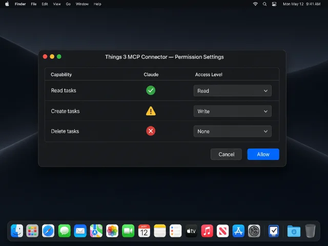 macOS permission dialog for Things 3 MCP connector showing read/write/none access controls per capability