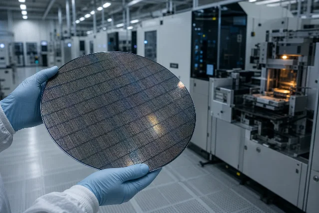 A silicon wafer held by gloved hands inside a semiconductor cleanroom