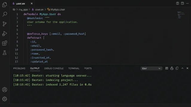 VS Code output panel showing Dexter indexing an Elixir project in under one second