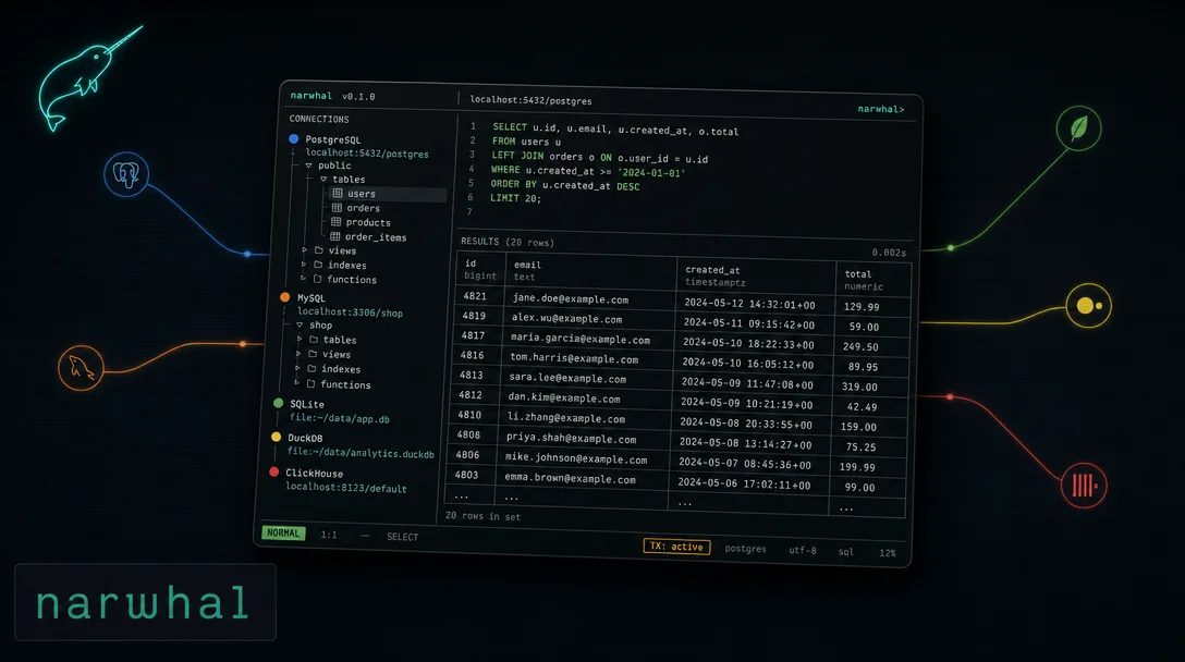 narwhal: one TUI, five databases, built-in MCP