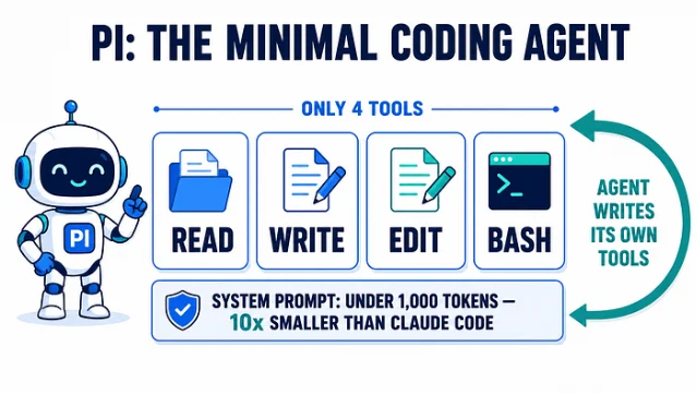 Pi: The Minimal Coding Agent — 4 tools: READ, WRITE, EDIT, BASH; system prompt under 1,000 tokens, 10x smaller than Claude Code
