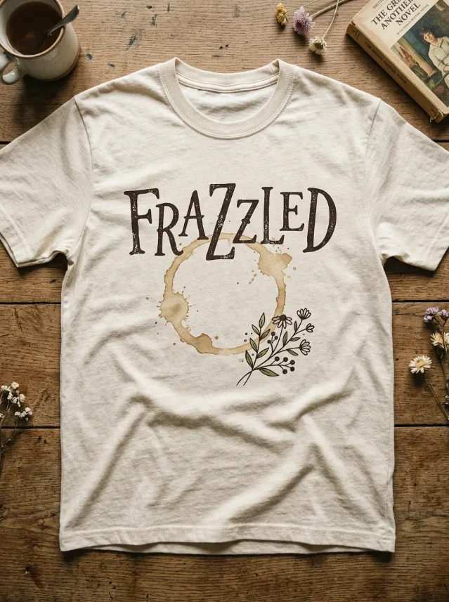 AI-generated concept: Frazzled English Woman tee — handwritten FRAZZLED typography with coffee ring texture on an oatmeal tee