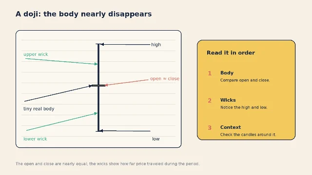 Annotated teaching diagram of a doji candle with its tiny body, open and close, high, low, and wicks labeled