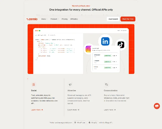 Zernio 首页 Marketing infrastructure 区块：标题写着 One integration for every channel. Official APIs only，下面是发帖接口的代码示例，再往下是 Social、Advertise、Communication 三张卡片，Social 卡片写 Sixteen networks, one API