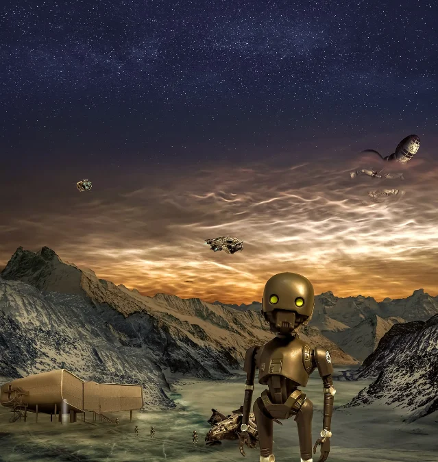 主体:UFO 飞船悬浮在星云山脉上空,蓝色天空背景下发光|类型:正文配图|质量:中|复用建议:正文配图