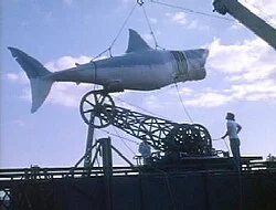 The mechanical shark "Bruce" being hoisted by crane on the Jaws set, Martha's Vineyard, 1974