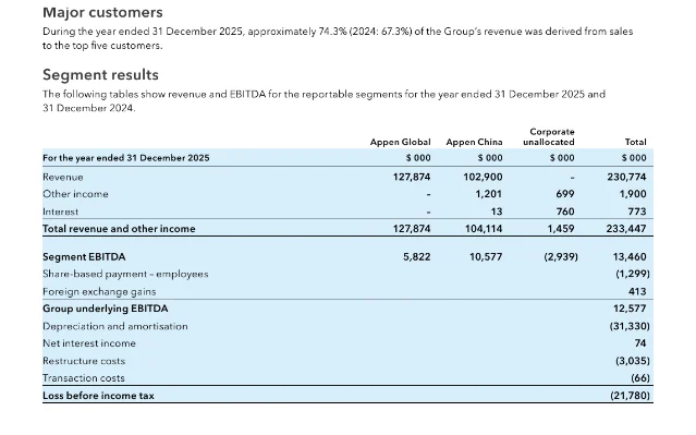 Appen FY25 年报附注 3：前五大客户占比与分部业绩