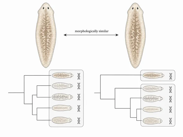 Diagram showing two morphologically similar flatworm outlines separated into distinct phylogenetic clades by combined molecular and morphological evidence