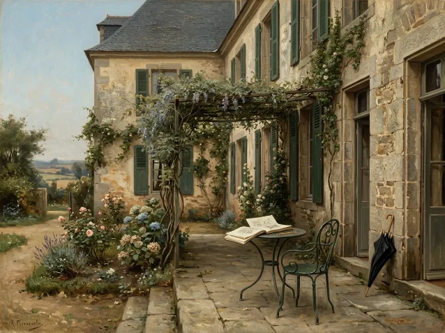 A stone manor garden in Brittany, France, summer 1883 — the kind of place where Sargent spent months chasing his impossible sitter