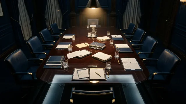 Overhead cinematic shot of a boardroom table with scattered proxy documents, empty leather chairs, dramatic single spotlight, deep navy color palette