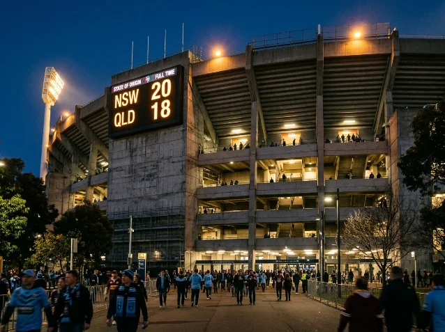 The MCG exterior at dusk with a stadium scoreboard showing NSW 20 QLD 18 Full Time, fans streaming out in blue and maroon colours