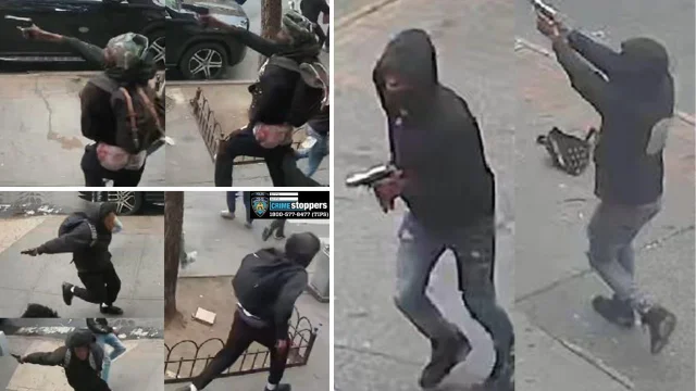NYPD Crimestoppers 公布的三名嫌疑人监控截图,图中三名男性分别穿着绿色头饰黑色毛衣、黑色运动套装和黑色带白色 logo 卫衣