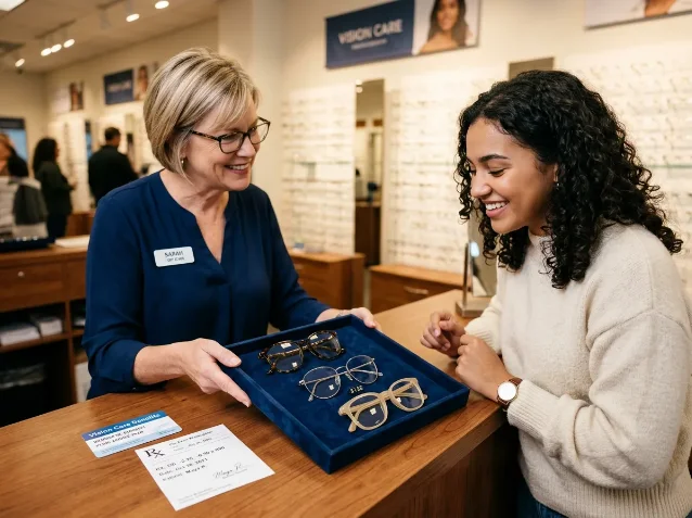 A customer at an optical counter with an optician presenting three pairs of glasses frames on a velvet tray, insurance card and prescription slip visible