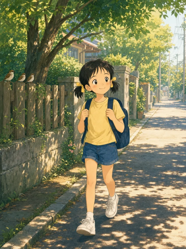 小林背着书包走在上学路上,树荫下的清晨|插画配图|高质量|适合正文配图使用