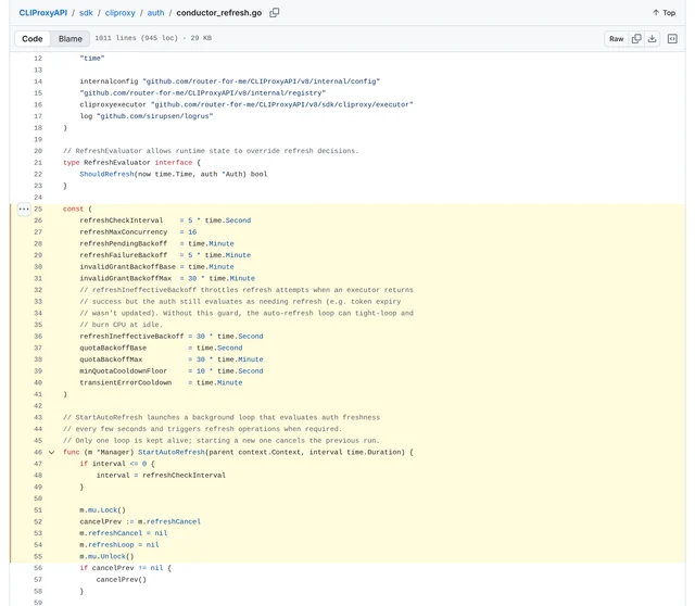 CLIProxyAPI v8.0.30 conductor_refresh.go 第 25 到 55 行，第 40 行是 transientErrorCooldown 的默认值