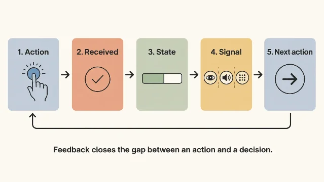 Five stages connect an action to a decision: action, received, state, signal, and next action