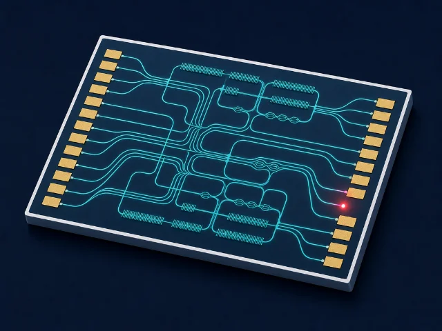 Flat diagram of a chip-scale photonic device with teal waveguide channels — illustrating the Loncar Group's integrated optics research at Harvard SEAS