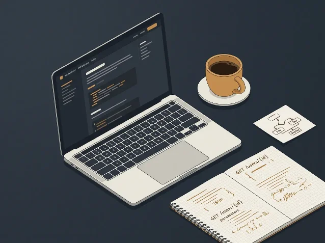 A developer documentation workspace showing a laptop with API reference docs open, a notebook with handwritten endpoint notes, and a small flowchart sketch