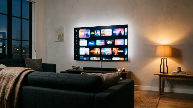 Modern living room with a flat-screen TV showing a streaming channel selection menu, warm lamp light in the background