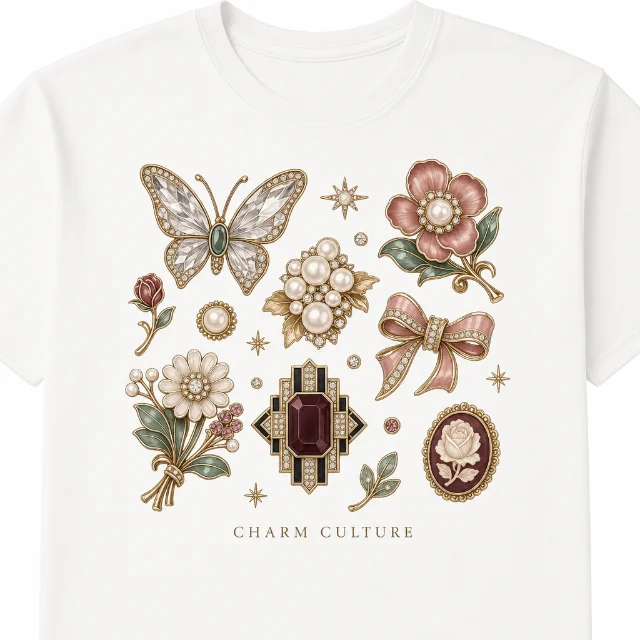 Brooch aesthetic / Charm Culture tee design concept — illustrated jewelry collage on white tee