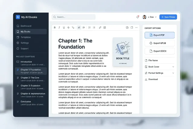 AI ebook creation dashboard showing chapter list, editor, and PDF/EPUB/DOCX export panel